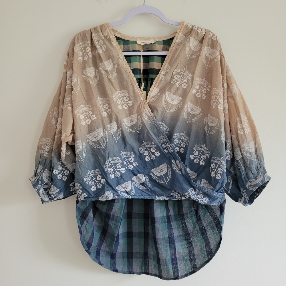 Lovestitch Floral Embroidered Color Gradation Peasant Slouchy High-Low Blouse S‎